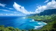 A stunning tropical coastline with clear blue waters and lush green hills under a vibrant sky, capturing the serenity and beauty of nature's untouched landscapes.
