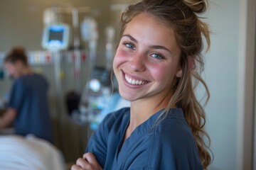 Radiant Healing Touch: A Cheerful Female Physical Therapist in a Hospital Setting