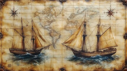 Vintage maritime artwork featuring two ships and a world map, evoking exploration and adventure.