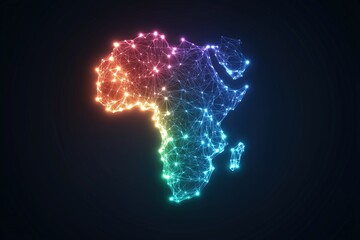 Digital network map of Africa with glowing multicolor connections on a dark background. Technology, connectivity, and innovation concept.