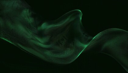 Poster - dynamic green particle wave in dark space, digital flowing motion, abstract energy pattern for technology or design themes