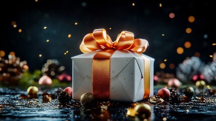 Wall Mural - Elegantly Wrapped Gift Gleams Warmly Lit Festive Scene. AI Generated