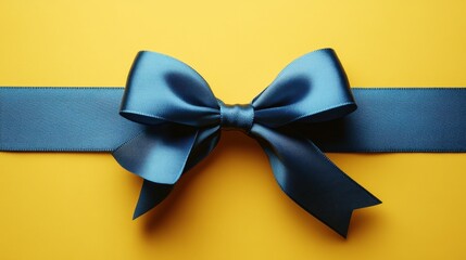 Wall Mural - Elegant navy ribbon bow on vibrant yellow background symbolizes celebration and joy for special occasions and gifts