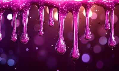 Wall Mural - vivid pink paint drips against a blurred purple background, creating an artistic and vibrant atmosph