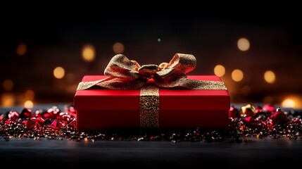 Wall Mural - Red Gift Box Gleams Softly Warm Light Festive Season. AI Generated