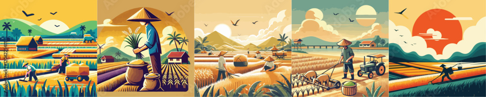 vector of farmers working in the rice fields Stock Vector | Adobe Stock