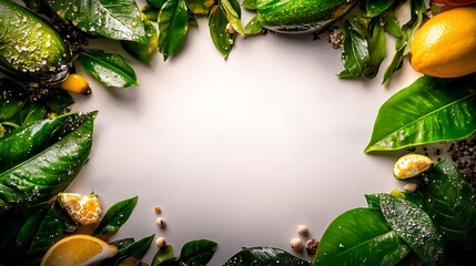 Wall Mural - Vibrant citrus fruits lush green leaves frame light background. AI Generated