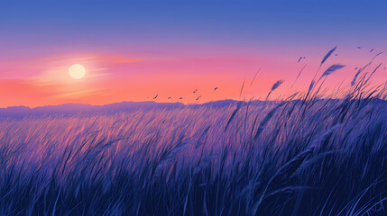 Serene windswept grass field at dusk with soft warm sunset glow , nature, landscape, tranquil, peaceful, evening, meadow. Twilight Meadow. Illustration