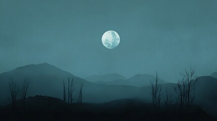 Surreal landscape featuring a bright moon illuminating dark mountains and dead trees at night, creating a mysterious and eerie atmosphere