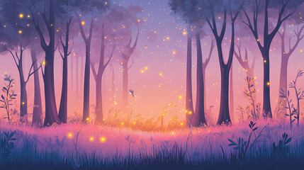 Wall Mural - Ai generative forest filled with firefly light. Twilight Meadow. Illustration