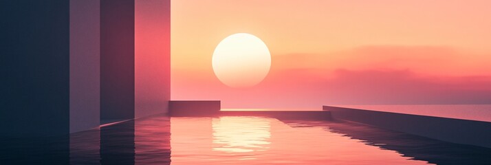 Canvas Print - Minimalist render of an infinity pool reflecting the setting sun over a calm ocean at dusk