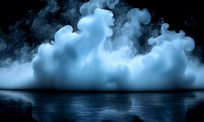 Wall Mural - Ethereal mist rising over a reflective surface, creating a serene and mysterious atmosphere in a dark setting