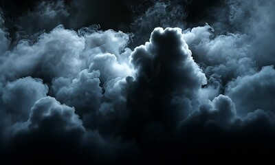 Wall Mural - Dramatic swirling clouds of smoke illuminated by subtle light, creating a mysterious atmosphere in a dark setting