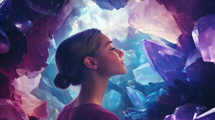 Woman wearing in dreamy crystal world. generative ai. Ethereal Cave. Illustration