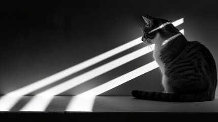 Black cat sitting on a windowsill gazing at the morning light in a quiet room