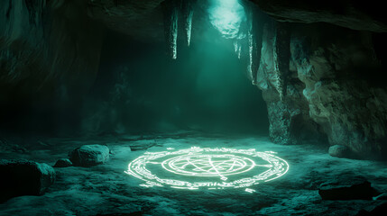 Wall Mural - A glowing circle of ancient runes in a darkened cave, summoning ghostly spirits, illuminating the cavern with a soft, otherworldly light. Ethereal Cave. Illustration