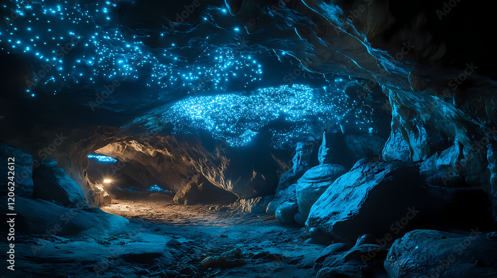A hidden cave illuminated by bioluminescent fungi, casting an ethereal ...