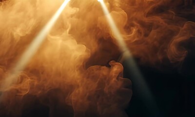 Wall Mural - Ethereal golden light beams piercing through swirling smoke, creating a mystical atmosphere in a dark setting