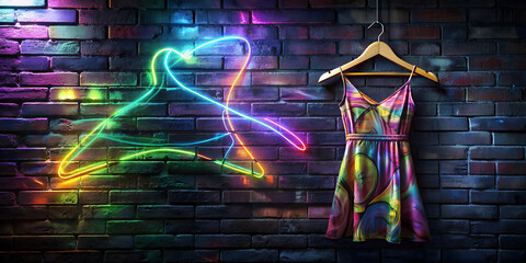 Short silk dress elegantly displayed on a modern hanger against a vibrant illuminated brick wall