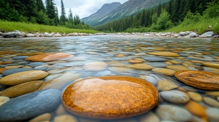 Wall Mural - Clear river water revealing colorful pebbles and a serene natural landscape near a forest