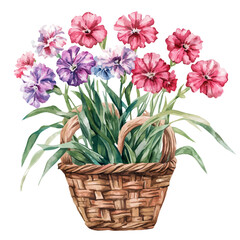 Sticker - A watercolor vector of a Sweet William bouquet in a basket, isolated on a white background. Sweet William bouquet in a basket vector.
