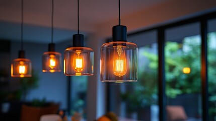 Wall Mural - Warm light bulbs illuminate a modern kitchen with stylish decor and plants during evening hours