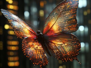 Wall Mural - Neon butterfly wings glowing in a high-tech environment