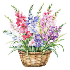 Sticker - A watercolor painting of a snapdragon bouquet in a basket, isolated on a white background. Snapdragon bouquet vector.
