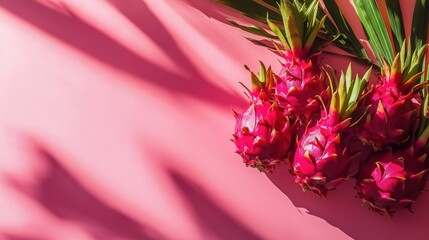 Wall Mural - Vibrant pink dragon fruit on a pastel pink background with tropical leaf shadows.