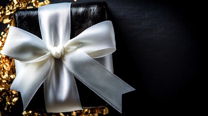 Wall Mural - Elegant black gift box boasts a pristine white ribbon beautifully arranged against a dark background. AI Generated