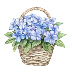 Wall Mural - A watercolor of a plumbago bouquet in a basket, featuring plumbago flowers in soft blue shades and lush green leaves, isolated on a white background. Bouquet vector.
