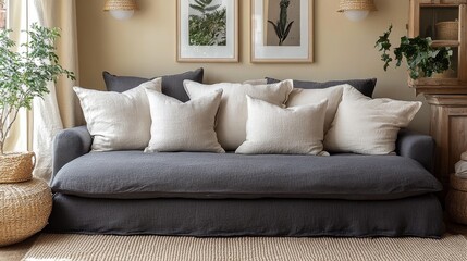 Wall Mural - Comfortable gray sofa with decorative pillows in a cozy living room setting