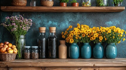 Wall Mural - Rustic kitchen shelves with jars, fruits, and flowers