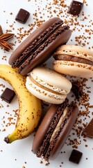 Wall Mural -   Close-up shot of a plate with macaroni, chocolate cookies, and banana