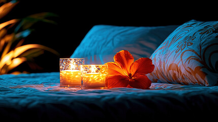 Canvas Print -   A few candles resting on a blue bedspread with a flower beside them on a bed