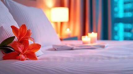 Poster -   A close-up photo of a bed with a blooming flower between two lit candles on a spreadsheet