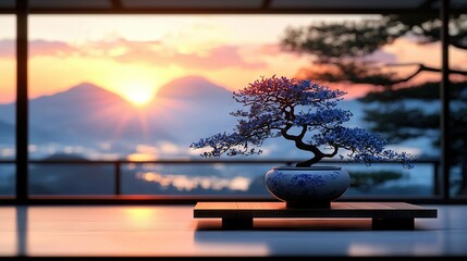 Wall Mural - a bonsai tree perched atop a wooden table, bathed in sunlight as it sets behind the window