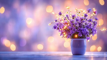 Poster -   A vase containing purple flowers rests atop a wooden table, illuminated by a nearby purple and yellow book of lights