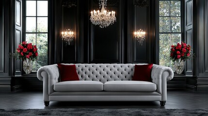 Poster -   A white couch, red pillows, and black walls with a chandelier on the ceiling