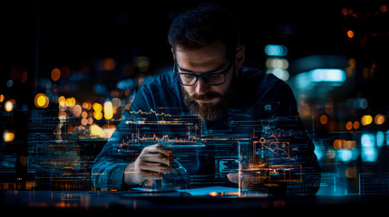 Night Worker: Programmer Coding in City at Night