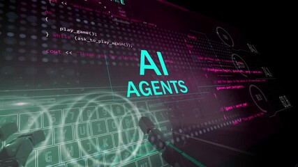 Ai agents, assistans, stock prediction in artificial intelligence 3d animation with coding overlay. Programming software language with technology titles