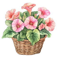 Wall Mural - A watercolor drawing of a Gloxinia bouquet in a basket, isolated on a white background. Gloxinia bouquet vector.
