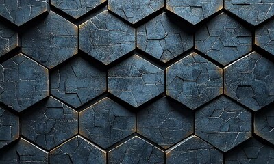 Wall Mural - Close-up view of a textured hexagonal pattern with cracks and shadows, suitable for backgrounds and abstract designs