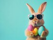 © bvbflo1 - An easter bunny rabbit wearing sunnies shades sunglasses and colorful easter eggs on a blue background