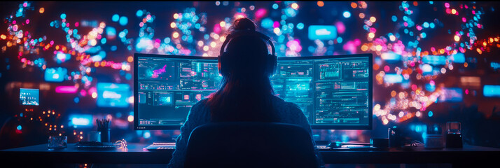 Night City Coder: Woman Working Late at Dual Monitors with Neon Lights