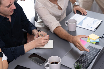 Fototapete - Group of diverse office worker employee working together on strategic business marketing planning on office workspace desk. Productive teamwork in business workplace concept. Prudent