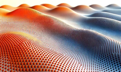 Wall Mural - Abstract landscape of vibrant orange and blue waves undulating in a digital environment, evoking a sense of depth and motion