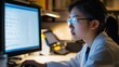 © Jaroon - A woman wearing glasses is looking at a computer monitor. She is wearing a white lab coat and she is focused on the screen