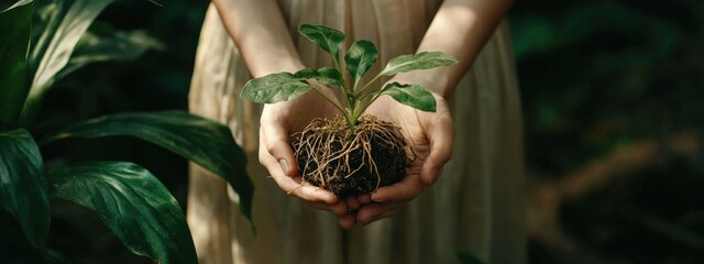 Wall Mural - close-up of a seedling in hands. Selective focus