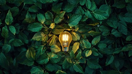 Wall Mural - Light bulb and green leaves. Selective focus